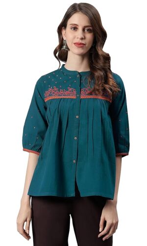 Teal Cotton Flex Embroidered Regular Top