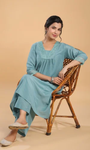 Sage Muslin Yoke Embroidery A-Line Kurta Set
