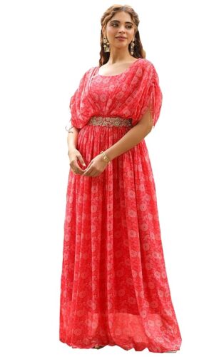 Bright Pink Georgette Floral Maxi Gown With Embellished Belt