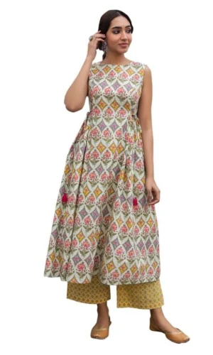 Light Green Cotton Ethnic Motif Side Pleated Kurta Set