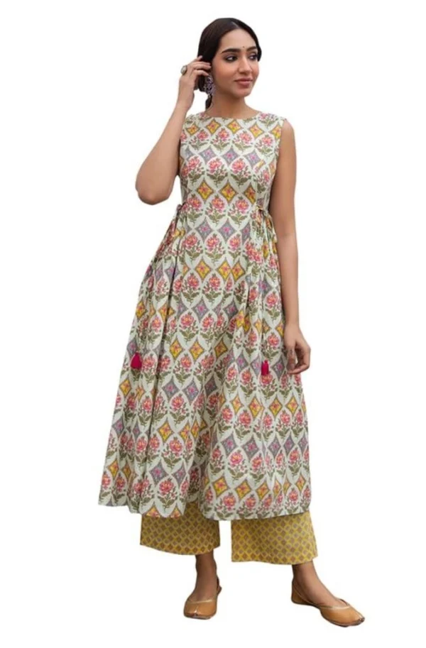 Light Green Cotton Ethnic Motif Side Pleated Kurta Set