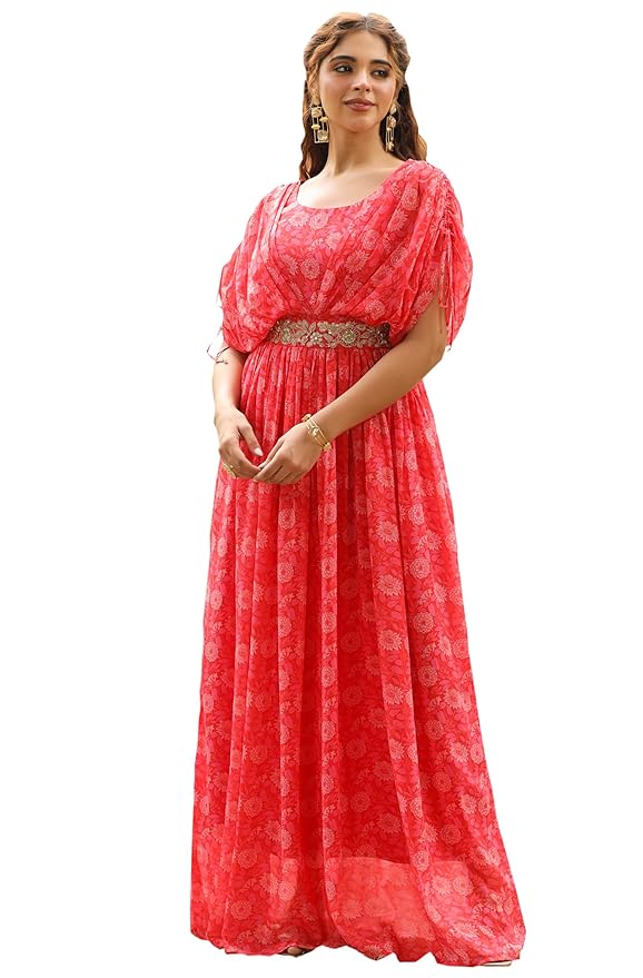 Bright Pink Georgette Floral Maxi Gown With Embellished Belt