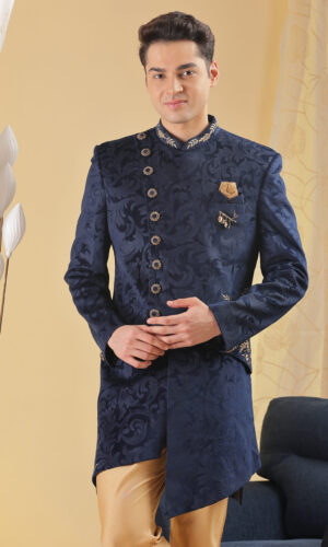 Men's Navy Blue Asymmetrical Sherwani with Gold Embroidery – Wedding & Reception Wear