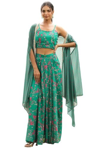 Green Georgette Floral Printed Pleated Skirt With Top & Cape Set