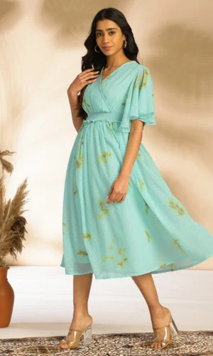 Sea Green Dobby Georgette Tie-Dye Fit & Flare Dress