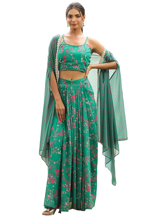 Green Georgette Floral Printed Pleated Skirt With Top & Cape Set