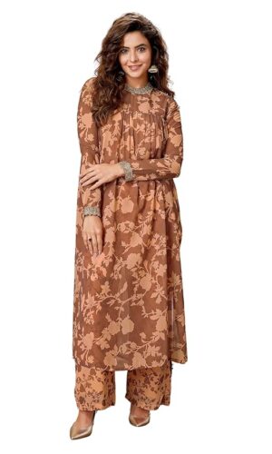 Brown Georgette Floral Printed Empire Kurta With Palazzo Set