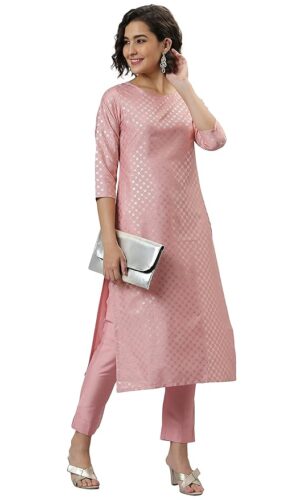 Pink Poly Silk Floral Print Kurta with Pant