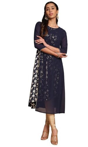 Navy Blue American Crepe Foil A-Line Kurta