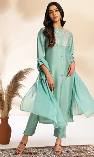 Sage Green Crepe Silk Yoke Embroidery Straight Kurta Set
