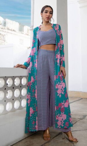 Turquoise Georgette Chevron 3 Piece Jacket Set