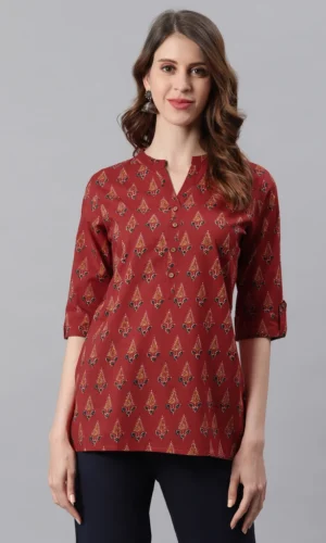Red Cotton Ethnic Motifs Straight Tunic