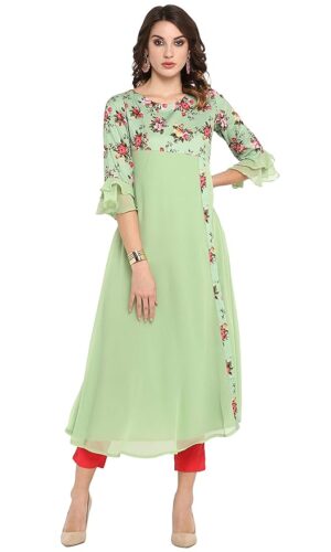 Light Green Poly Crepe Floral Print A-line Kurta