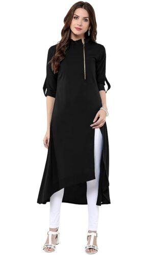 Black Poly Crepe Solid High Low Kurta