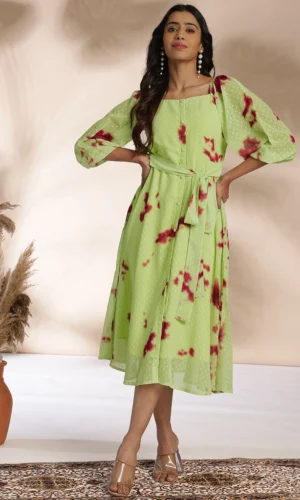 Light Green Dobby Georgette Tie & Dye A-Line Dress