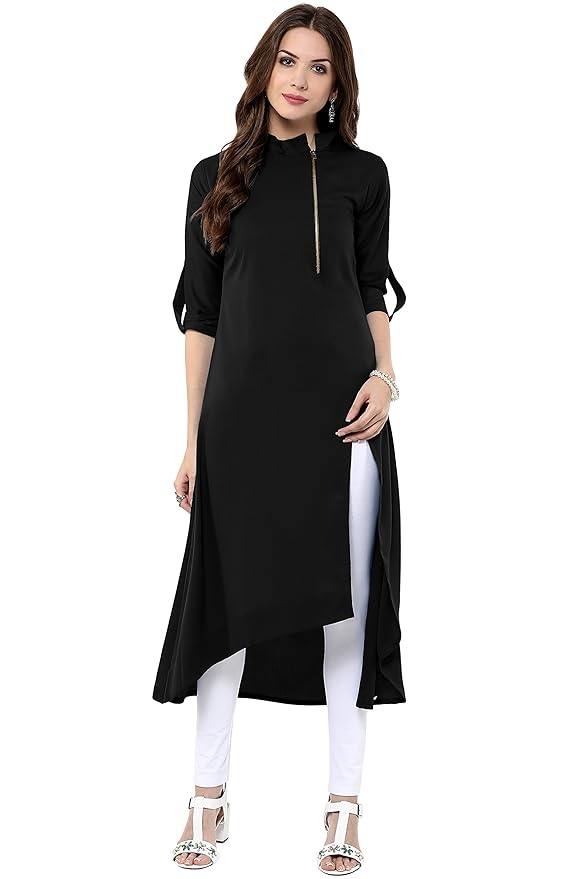 Black Poly Crepe Solid High Low Kurta