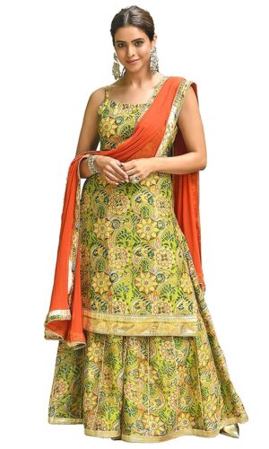 Green Cotton Floral Block Print Kurta with Palazzo and Dupatta