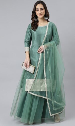 Mint Green Chinon Solid Kurta with Skirt and Dupatta