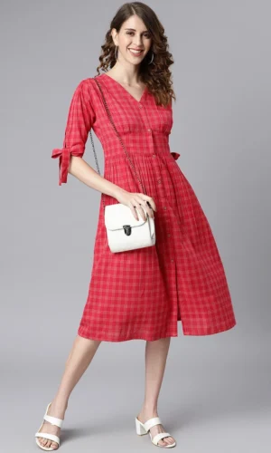 Red Cotton Checkered Flared Western Dress