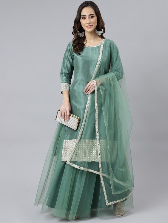 Mint Green Chinon Solid Kurta with Skirt and Dupatta
