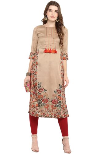 Beige Poly Silk Floral Print Straight Kurta