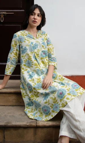 Off White Cotton Floral Regular Tunic