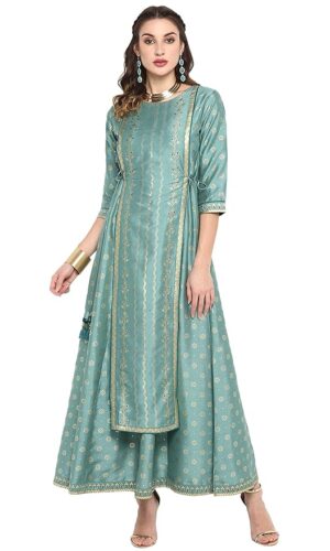 Green Rayon Crepe Foil Print Flared Ethnic Dress