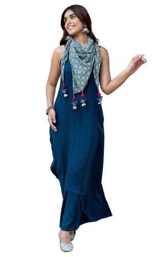 Teal Blue Rayon Solid Kurta with Palazzo and Scarf