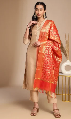 Women's Golden Beige Straight Suit with Floral Zari Dupatta