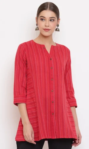 Red Weaved Cotton A-Line Top