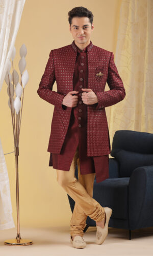 Regal Maroon Geometric Weave Indo-Western Sherwani Set