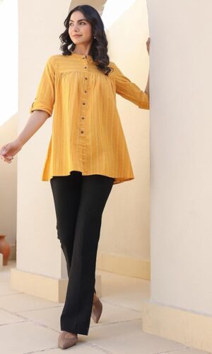 Mustard Cotton Woven Design Gathered Tunic