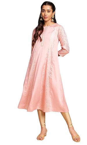 Pink Crepe Silk Foil Print Panelled Kurta