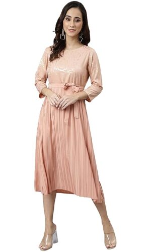 Peach Poly Crepe Botanical Print Flared Kurta
