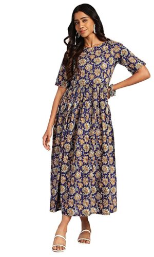 Dark Blue Cotton Floral Printed Gathered Maxi Dress
