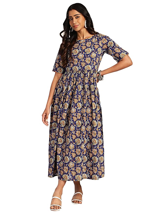 Dark Blue Cotton Floral Printed Gathered Maxi Dress