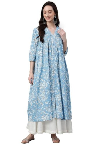 Sky Blue Cotton Floral Print Flared Kurta
