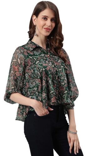 Green Poly Georgette Floral Print Regular Top