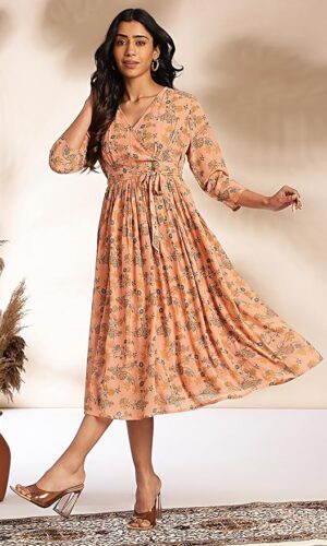 Peach Georgette Floral Fit & Flare Dress