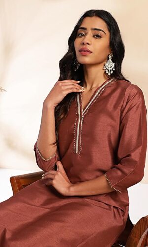 Brown Crepe Silk Yoke Design Straight Kurta Set