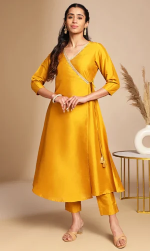 Mustard Crepe Silk Solid Wrap Kurta Set
