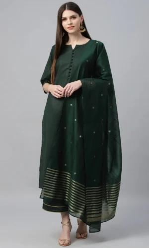 Green Rayon Solid Kurta with Palazzo and Dupatta