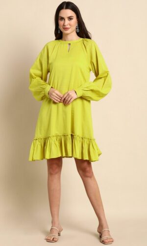 Mustard Cotton Solid Drop-Waist Western Dress