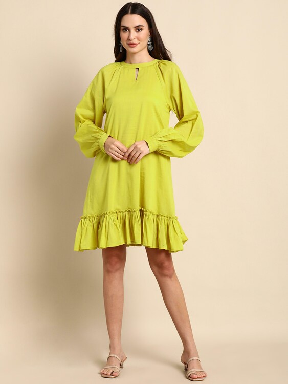 Mustard Cotton Solid Drop-Waist Western Dress